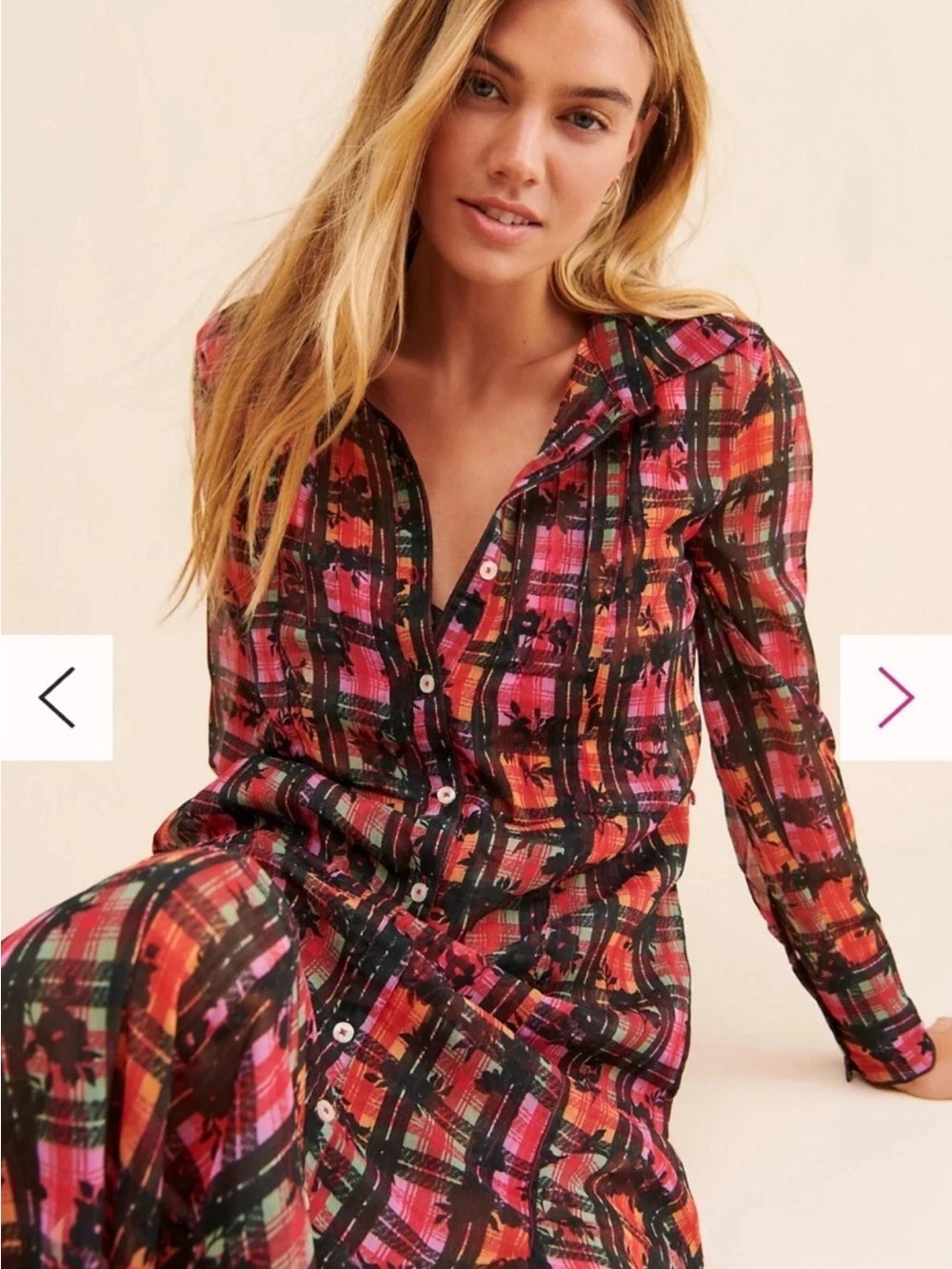 Free People Jerra Dress Red, Pink, Black Plaid Maxi Dress